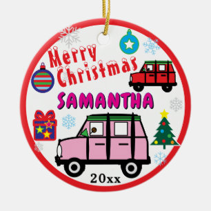Girl Pink and Red Cars Blue PHOTO NAME Ceramic Ornament