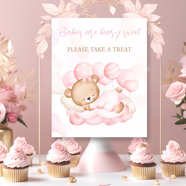 Girl pink Bear Baby Shower Favour Sign (Girl pink Bear Baby Shower Favor Sign)