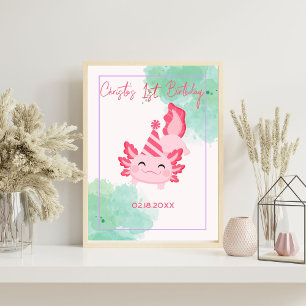 Girl Pink Birthday Hat Axolotl Birthday Welcome  Poster