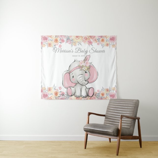 Girl Pink Boho Elephant Baby Shower M Backdrop Tapestry (In Situ (Horizontal))