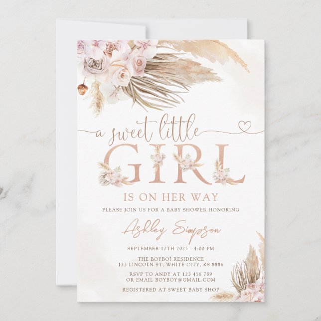 Girl Pink Boho Pampas Grass Girl Baby Shower Invitation (Front)