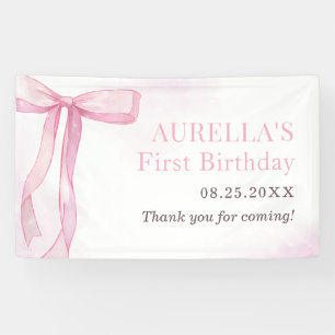 Girl Pink Bow 1st Birthday Party Banner