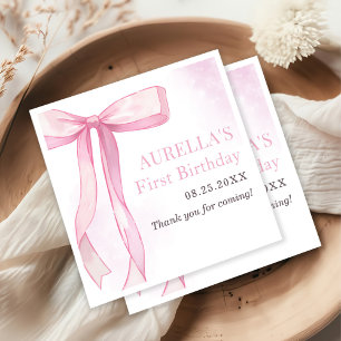 Girl Pink Bow 1st Birthday Party Napkin