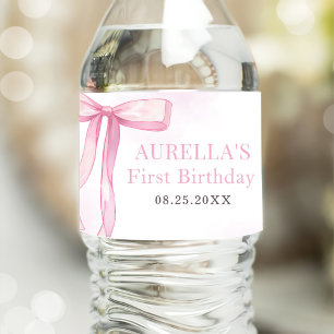 Girl Pink Bow 1st Birthday Party  Water Bottle Label