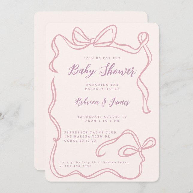 Girl Pink Bow Funky Hand-drawn Baby Shower Invitation (Front/Back)