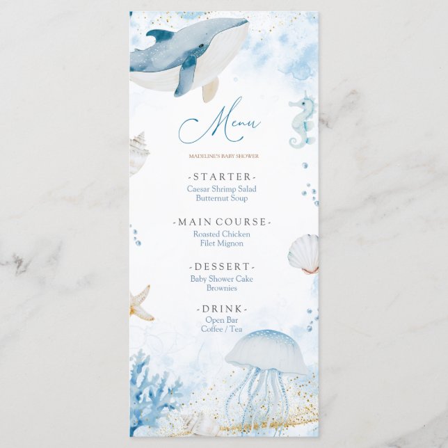 Girl Pink Bow Shell Baby Shower Flat Menu (Front)