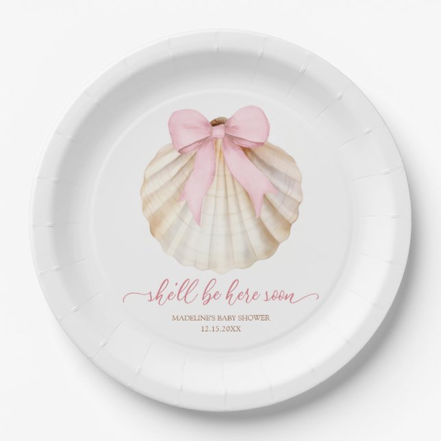 Girl Pink Bow Shell Baby Shower Paper Plate (Front)