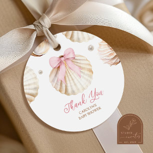 Girl Pink Bow Shell Baby Shower Thank You Sticker, Classic Round Sticker