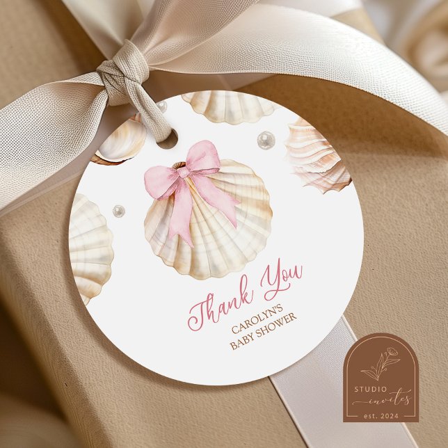 Girl Pink Bow Shell Baby Shower Thank You Sticker, Classic Round Sticker (Creator Uploaded)