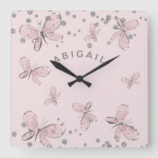 Girl Pink Butterfly Silver Sparkle Custom Name Square Wall Clock (Front)