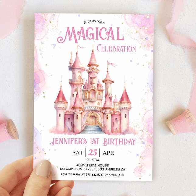 Girl Pink Castle Princess 1st Birthday Party Invitation (Creator Uploaded)