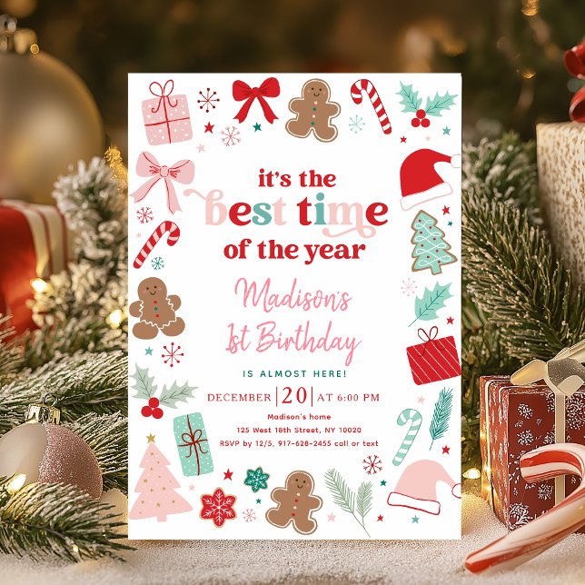 Girl Pink Christmas Best Time Of Year Birthday Invitation (Creator Uploaded)