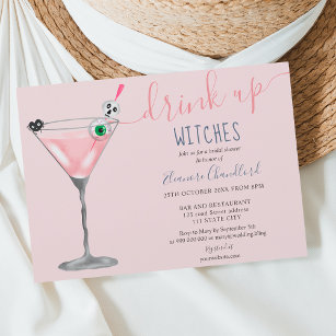 Girl pink cocktail witches Halloween bridal shower Invitation
