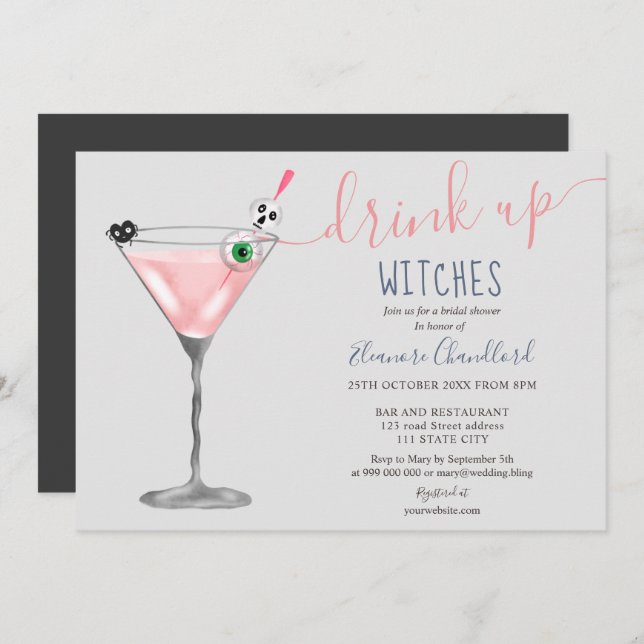 Girl pink cocktail witches Halloween bridal shower Invitation (Front/Back)
