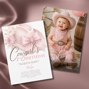 Girl Pink Coquette Photo Cowgirl 1st Birthday Invitation