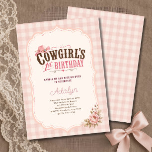 Girl Pink Cowgirl Gingham 1st Birthday Invitation