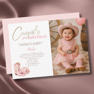 Girl Pink Cowgirl Script Photo 1st Birthday Invitation