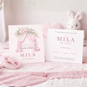 Girl Pink Cradle Flowers Watercolor Birth Card