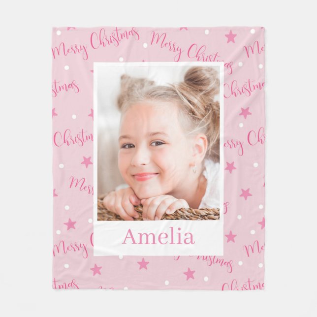 Girl Pink Custom Photo Merry Christmas Fleece Blanket (Front)