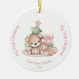 Girl Pink Cute Baby Bear Baby's First Ceramic Ornament
