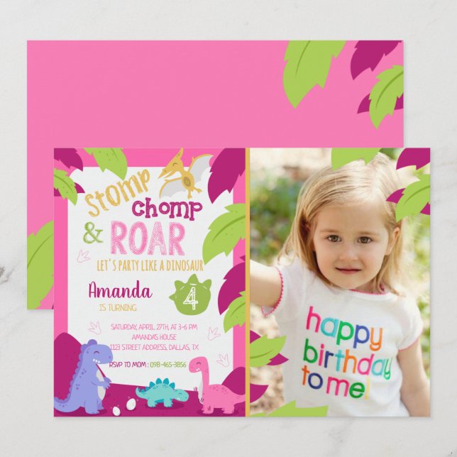 Girl Pink Dinosaur Birthday Invitation With Photo (Front/Back)
