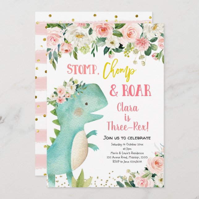 Girl Pink Dinosaur Three-Rex Birthday Invitation (Front/Back)