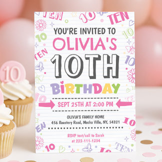 Girl Pink Doodle 10th Birthday Invitation