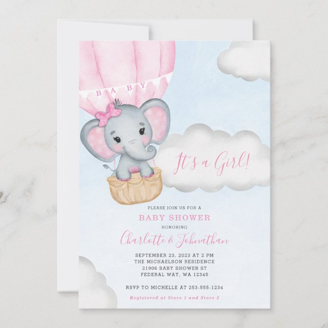 Girl Pink Elephant Baby Shower Invitation (Front)