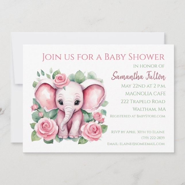 Girl Pink Elephant Roses Baby Shower Invitation  (Front)