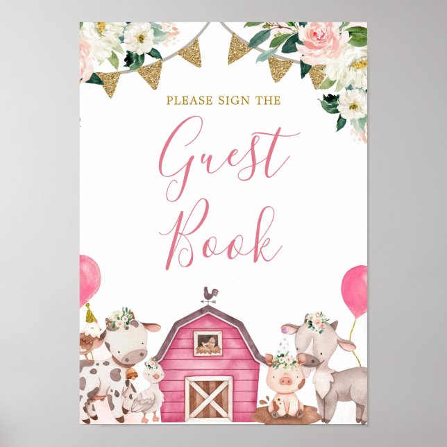 Girl Pink Farm Baby Shower Carousel Guest Book (Front)