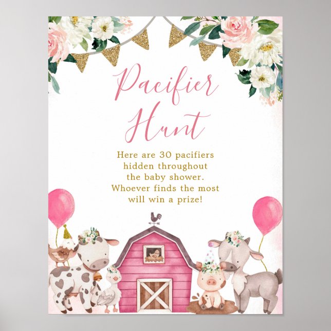 Girl Pink Farm Baby Shower Pacifier Hunt Poster (Front)
