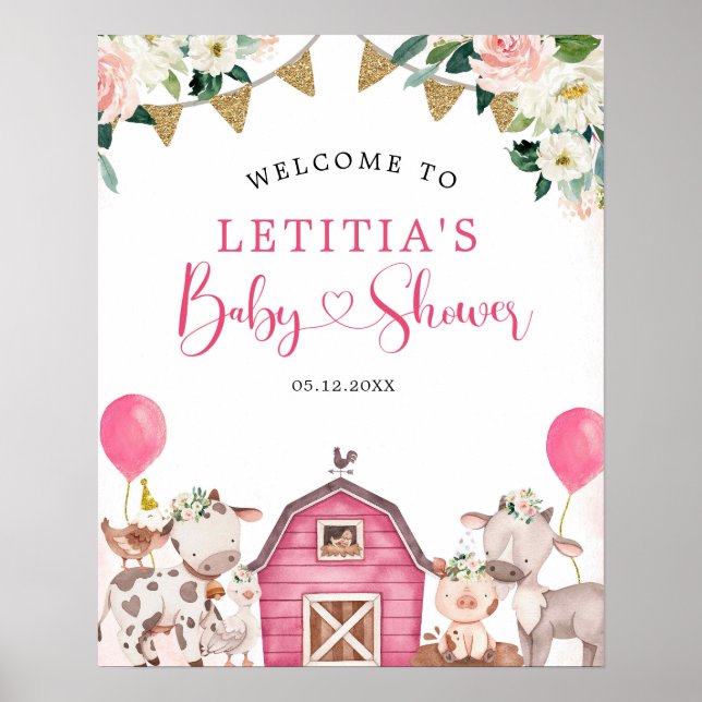 Girl Pink Farm Baby Shower Welcome Sign (Front)