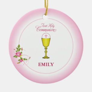 Girl Pink First Holy Communion, Chalice, Host, Ros Ceramic Ornament