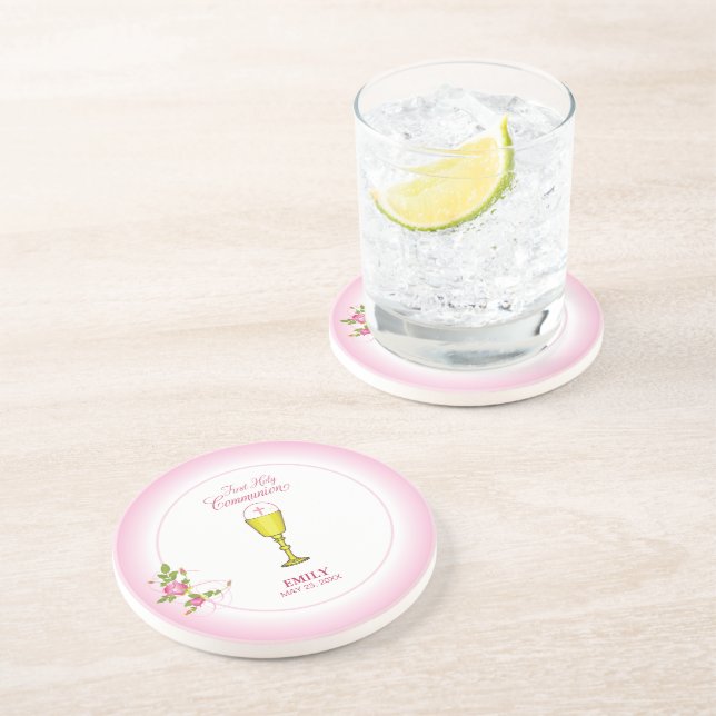 Girl Pink First Holy Communion, Chalice, Host, Ros Coaster (Side)