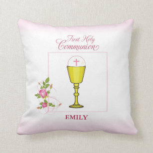 Girl Pink First Holy Communion, Chalice, Host, Ros Cushion