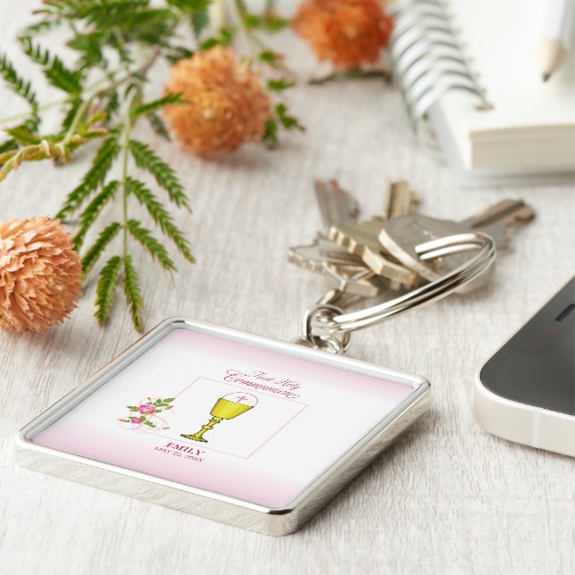 Girl Pink First Holy Communion, Chalice, Host, Ros Key Ring (Side)