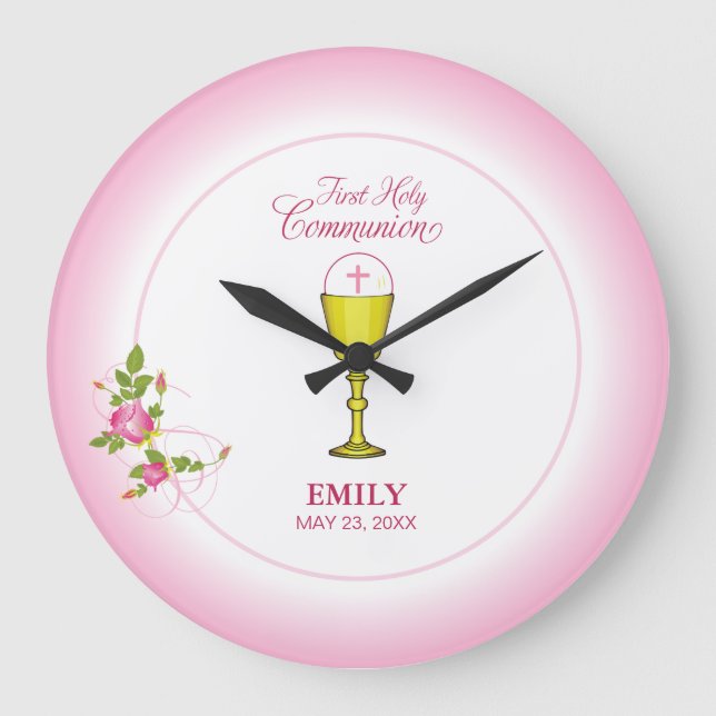 Girl Pink First Holy Communion, Chalice, Host, Ros Large Clock (Front)