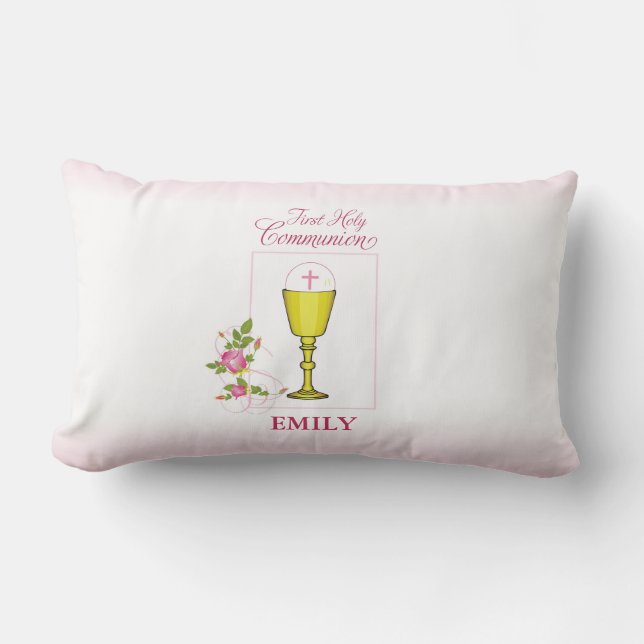 Girl Pink First Holy Communion, Chalice, Host, Ros Lumbar Cushion (Front)