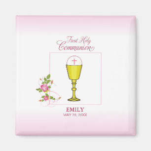 Girl Pink First Holy Communion, Chalice, Host, Ros Magnet