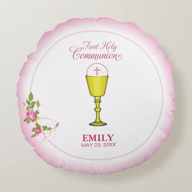 Girl Pink First Holy Communion, Chalice, Host, Ros Round Cushion (Front)