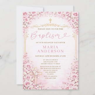 Girl Pink Floral Baptism Blush Rose Religion Cross Invitation