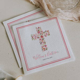Girl Pink Floral Cross Babtism Communion Napkin