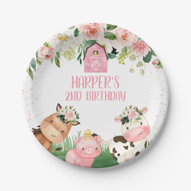 Girl Pink Floral Farm Birthday Party Plate (Front)