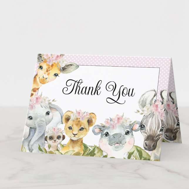 Girl Pink Floral Safari Baby Shower Thank You Card (Add your message or leave blank for your handwritten message.)