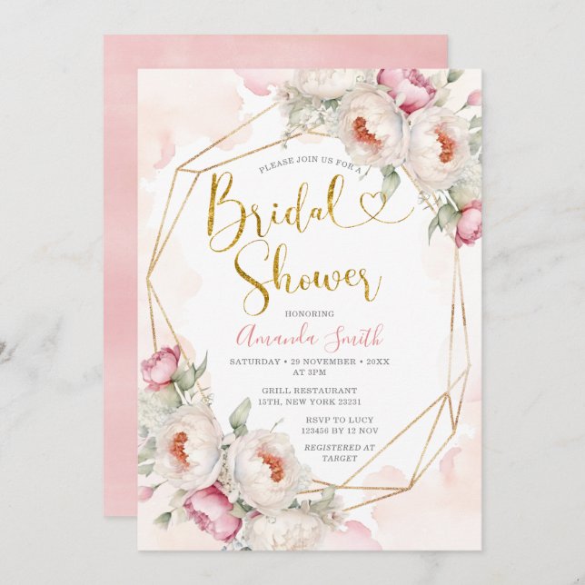 Girl Pink Flowers Bridal Shower Greenery  Invitation (Front/Back)