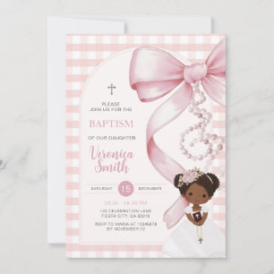 Girl Pink Gingham Baptism Pink Bow Pearl Afro hair Invitation