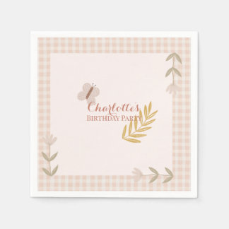 Girl Pink Gingham Wildflowers Butterfly Napkin