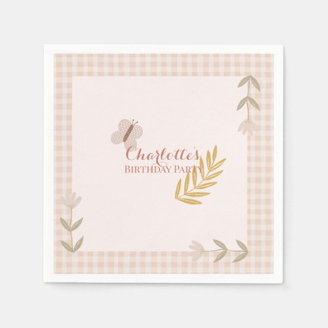 Girl Pink Gingham Wildflowers Butterfly Napkin (Front)