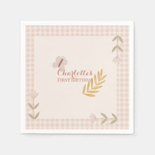 Girl Pink Gingham Wildflowers Butterfly Napkin
