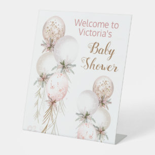 Girl Pink Gold Balloon Baby Shower Welcome Table Pedestal Sign